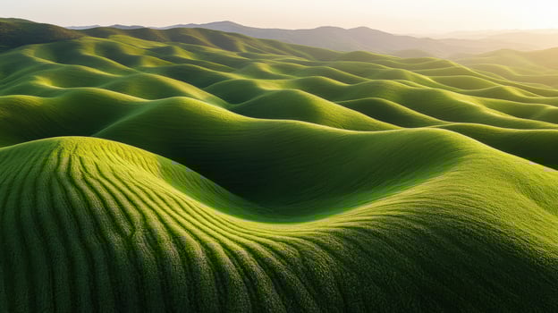 Rolling green hills bathed in golden sunlight photo