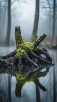 Misty forest with mossy stump photo