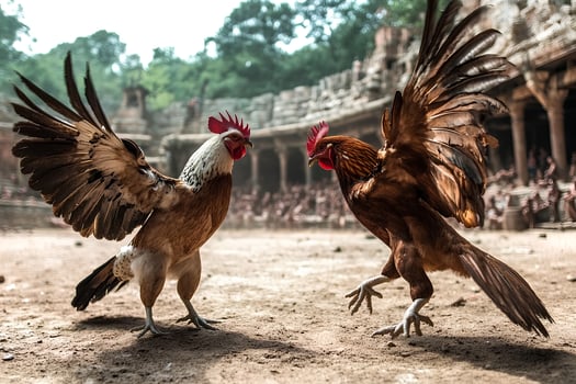 A rooster and hen standing together on a farm in Thailand, with a selective focus capturing the beauty of rural life photo