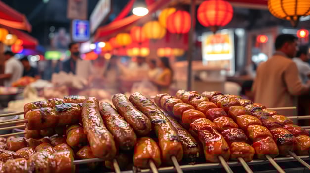 A variety of hot dogs on skewers at a street market photo