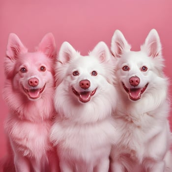 Three white dogs are smiling in front of a pink background photo
