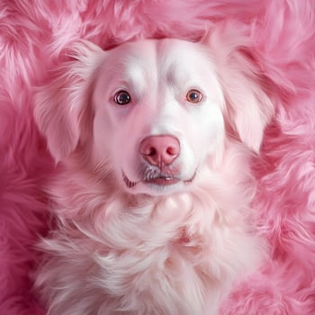 A white dog is laying on a pink fur photo