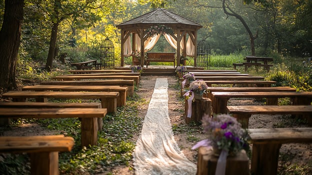 Rustic outdoor wedding ceremony setting in a forest photo