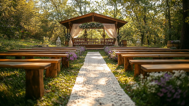 Rustic wedding ceremony setting in a wooded area photo