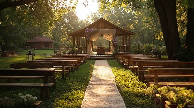 A pathway leading to a gazebo photo
