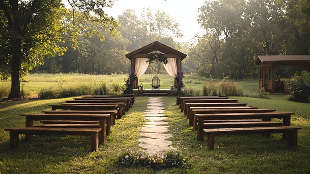 Rustic outdoor wedding ceremony setting. Wooden benches line a pathway to a covered gazebo, adorned with floral arrangements photo