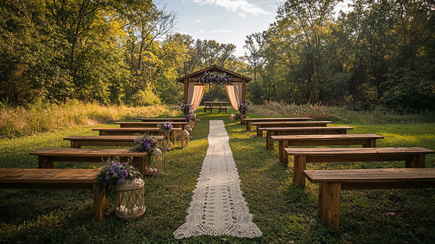 An outdoor ceremony with benches and a wooden archway photo