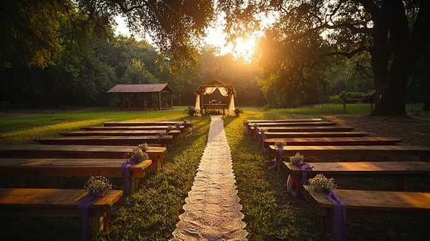 Rustic outdoor wedding ceremony. Sunlight streams through trees onto a pathway to a decorated gazebo. Wooden benches line the aisle photo
