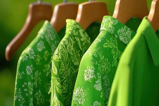 Fashion rack displaying eco-friendly clothing collection in shades of green inspired by Herb Garden for seasonal trends photo