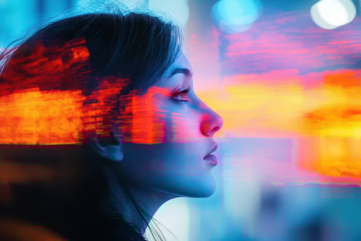 A woman with bright red and blue lights on her face photo