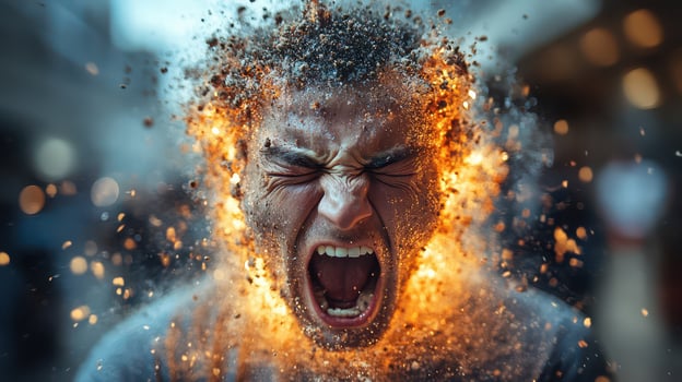A man with his mouth open and his face covered in fire photo