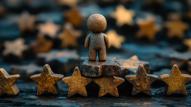 A wooden man standing on top of a pile of stars photo