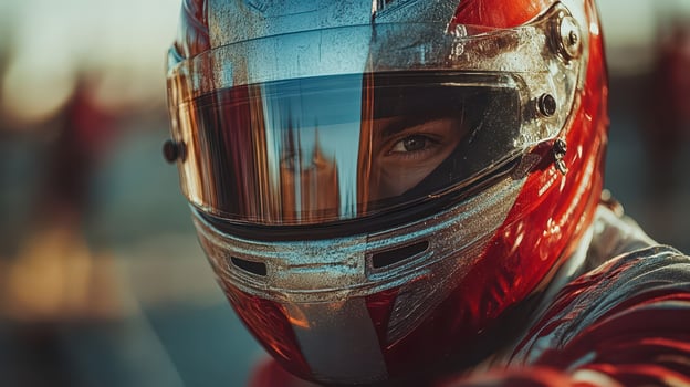A close up of a woman wearing a red helmet photo