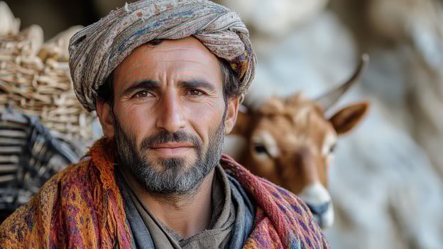 A man with a turban and a goat in the background photo