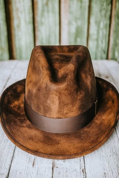 A brown fedora hat sits on a white wooden surface photo