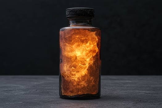 A bottle containing swirling orange energy photo