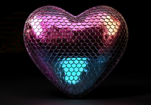 A heart covered in scales with pink, orange, and blue lighting photo