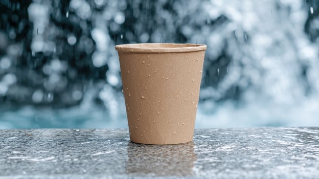 Paper cup with water droplets on a stone surface photo