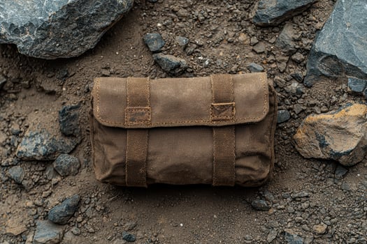 A brown canvas pouch sits on rocky ground photo