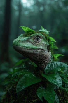 A green lizard with leaves on its head in a lush forest photo