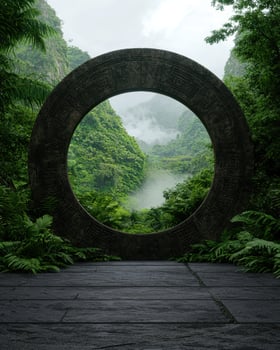Mystical portal in a lush jungle leading to another world photo