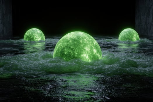 Three glowing green orbs sit in dark water photo