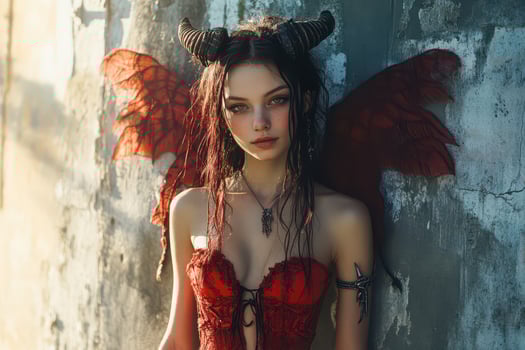 A woman in a red dress with horns photo