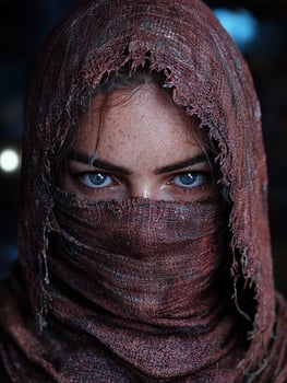 A woman with piercing blue eyes wearing a weathered headscarf photo