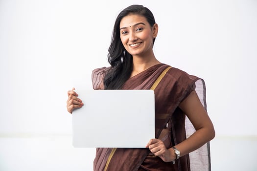 Model Posing With Whiteboard In Front Of Camera photo