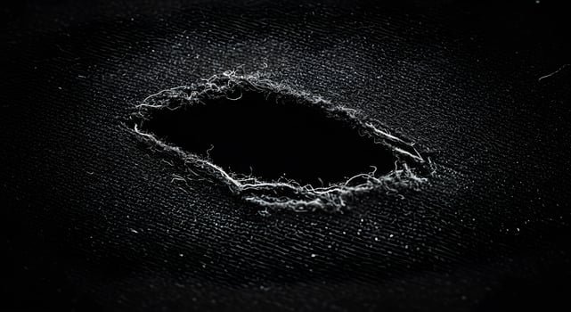 Black fabric tear with jagged edges, ideal for grunge or urban-themed digital designs. Fabric rips texture. photo