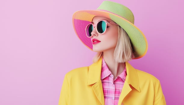 Fashionable Woman in Bright Outfit Against Pink Background Copyspace for Text photo