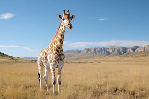 Giraffe standing in african savanna with mountains in background photo