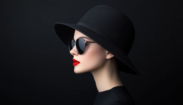Elegant Woman in Black Hat and Sunglasses Studio Background Portrait Image with Copyspace photo