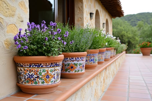 Ornamental flower pots decorating the terrace of a house in the countryside photo