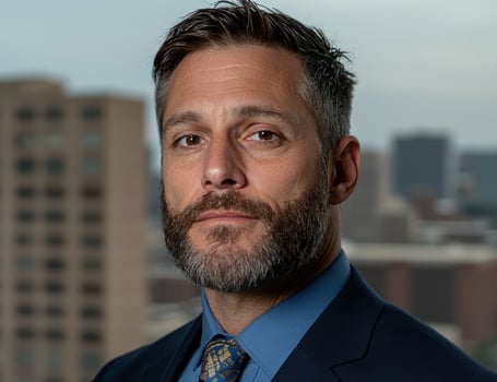 Professional man portrait in business attire with city buildings in the background photo