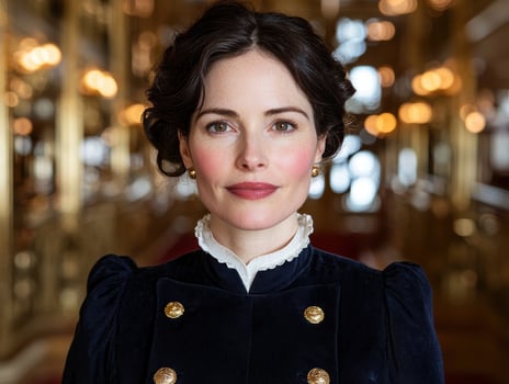 Elegant woman in period clothing with a formal background photo