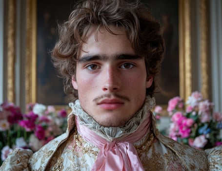 Portrait of a young man in historical clothing with flowers photo