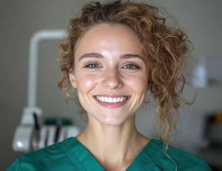 Smiling woman in green scrubs at a dental office photo