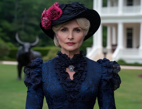 Elegant woman in vintage attire standing in front of a grand estate photo