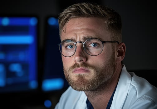 Concerned doctor with glasses in a dark office photo