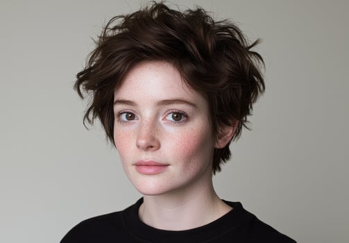 Portrait of a young woman with freckles and short dark hair photo