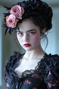 Portrait of a young woman with roses and dark lace photo