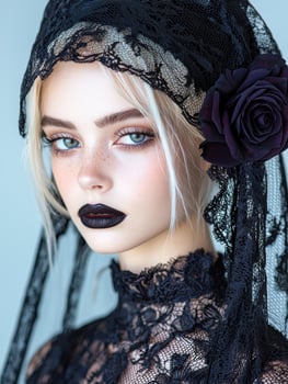 Woman with gothic makeup and black lace veil photo