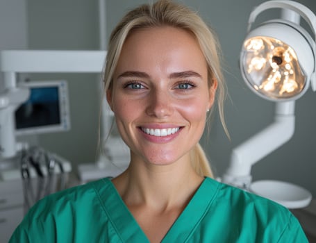 Smiling female dentist in green scrubs in a modern dental clinic photo