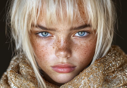 Close up portrait of a freckled woman with blue eyes and blonde hair photo