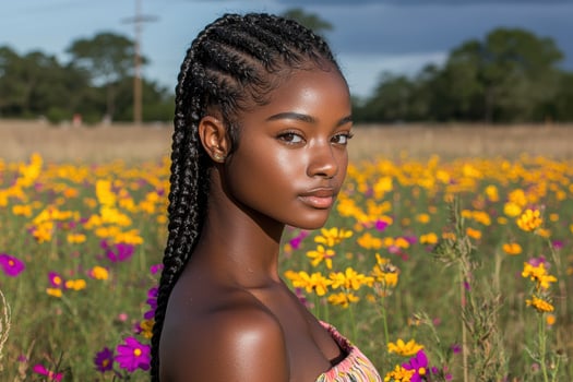 Beautiful young woman with braided hair in a field of flowers photo