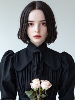 Woman with red eyes holding roses photo