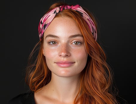 Portrait of a beautiful redhead woman with freckles and a headband photo