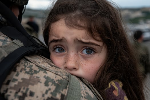 A scared young girl being comforted by a soldier photo