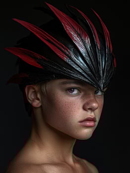 Portrait of a young person wearing a feathered helmet photo